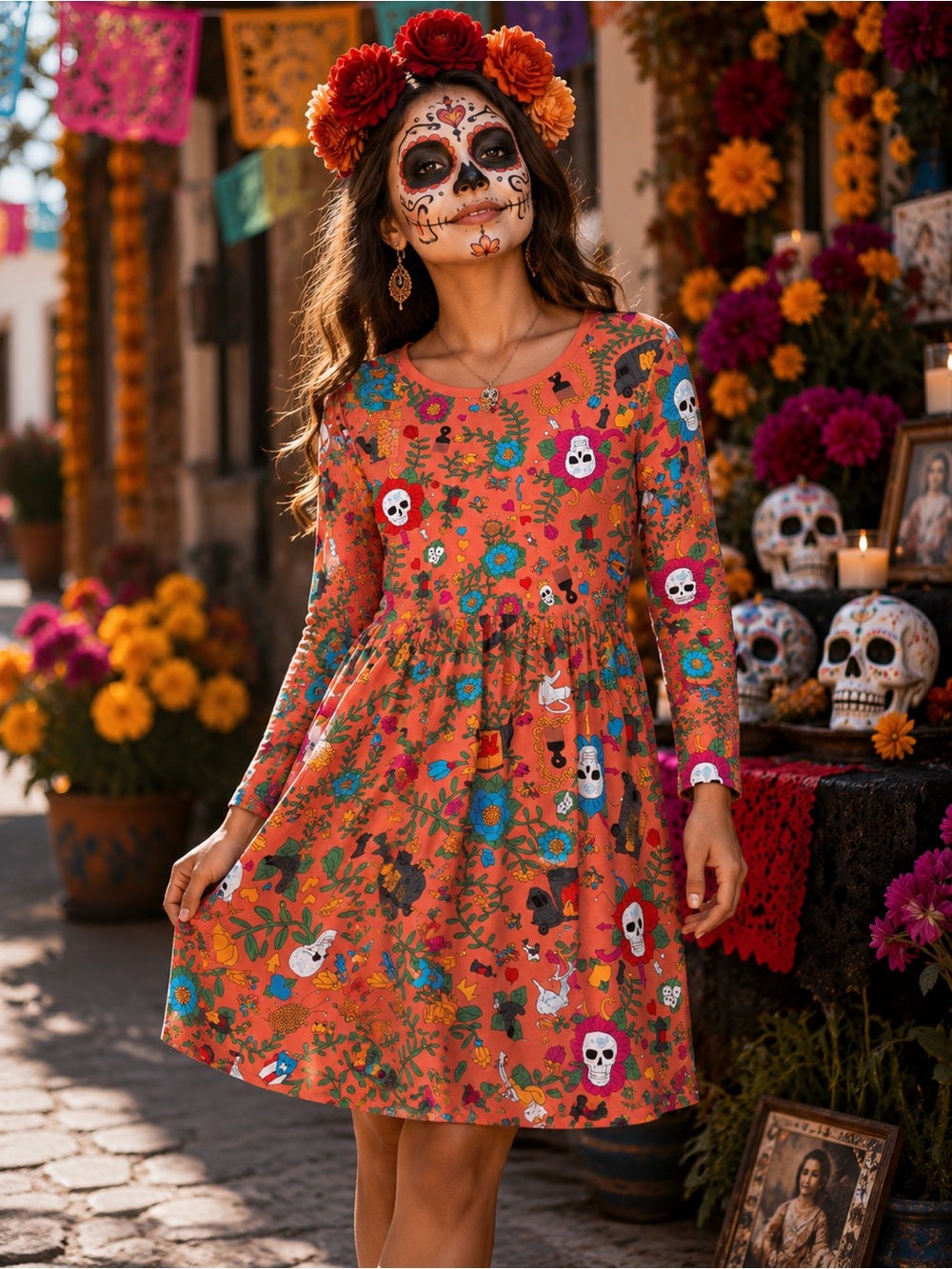 Roberto Lugo Orange Floral & Skull Long-Sleeve Dress